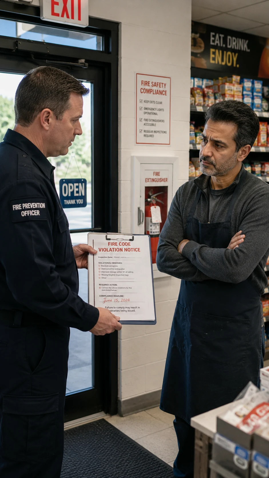 Fire prevention officer issuing a Fire Code violation notice to a business owner