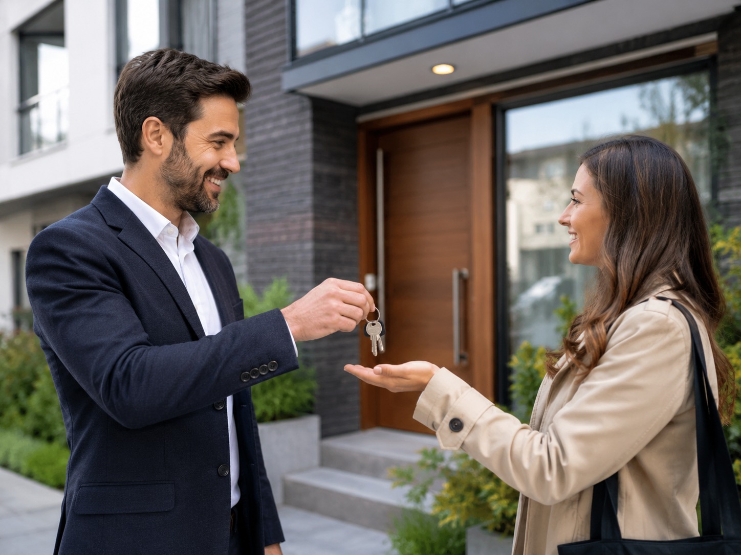 Landlord and tenant completing a positive key handover outside a rental home