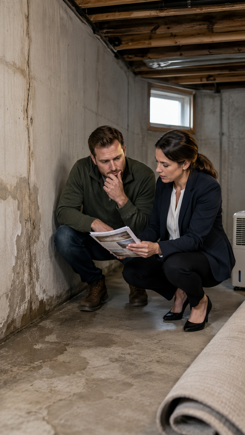 Paralegal explaining caveat emptor and hidden basement defects to an Ontario home buyer