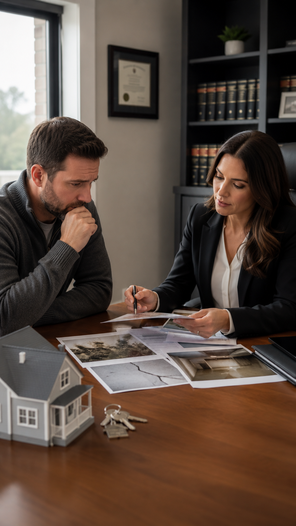 Paralegal reviewing hidden home defect photos and documents with an Ontario home buyer
